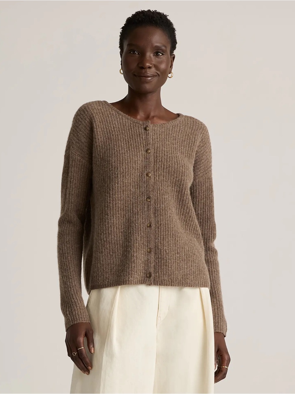 Quince 100% Yak Soft Rib Crew Cardigan In Heather Brown Medium - Picture 3 of 9